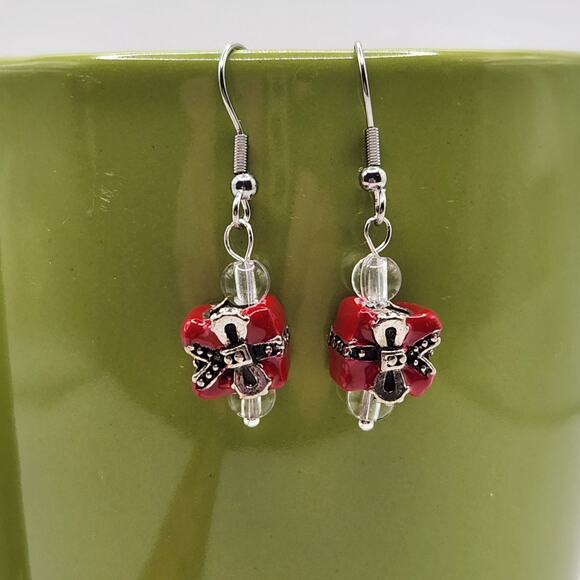 Handmade Red Present Earrings with Crystal – 1.5" Dangle - Picture 4 of 9